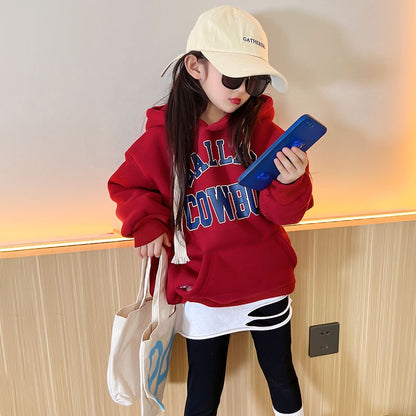 Girls' foreign style plus fleece sweater 2022 winter new hoodie tops for big children fashionable all-match thickened warm