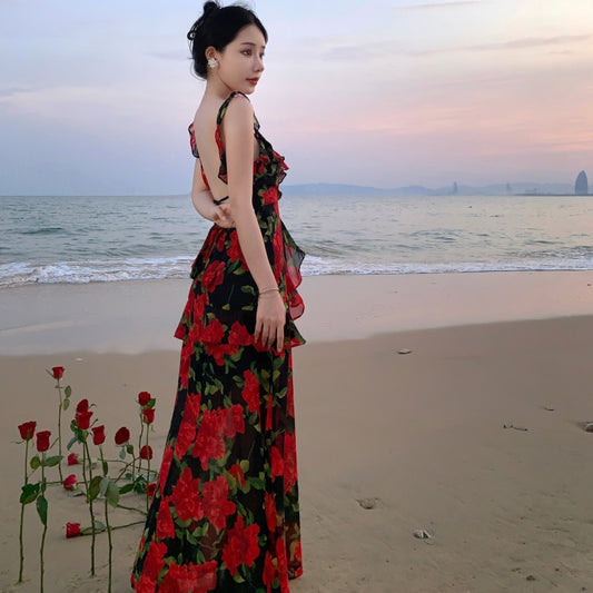 Seaside vacation retro high-end sense rose print backless suspender dress temperament slim beach dress super fairy