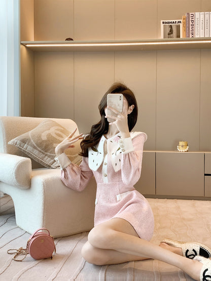 High-end small fragrant wind doll collar dress women's autumn and winter 2022 new style temperament reducing age waist waist design skirt