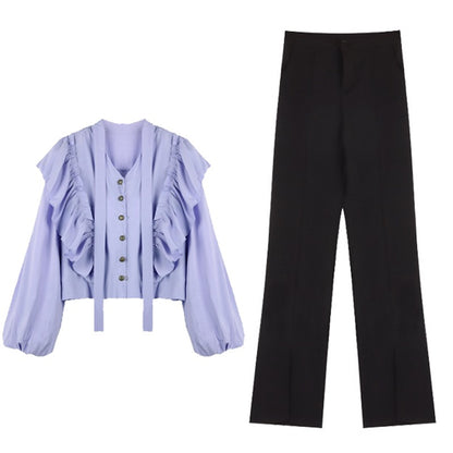 French top design sense niche women's long-sleeved purple white tie with lotus leaf edge shirt spring unique chic small shirt
