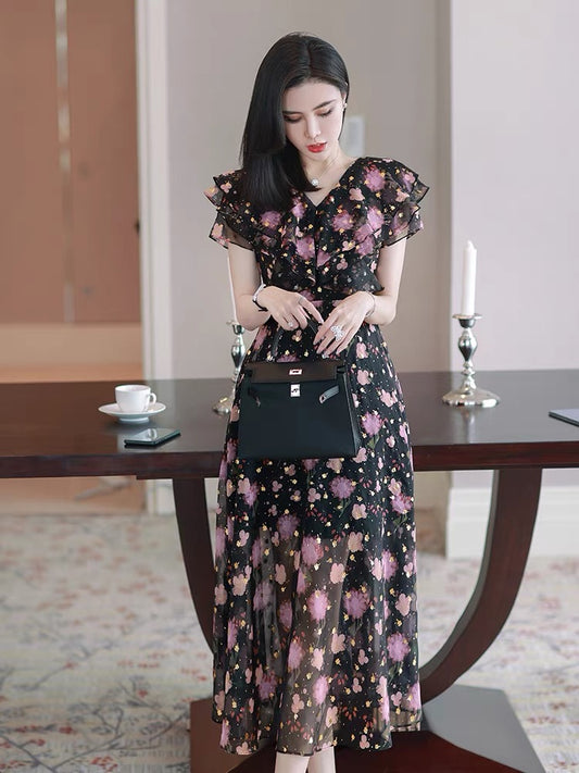 Goddess fan temperament dress 2022 new female summer lotus leaf floral waist long skirt chic beautiful skirt trendy 1496
