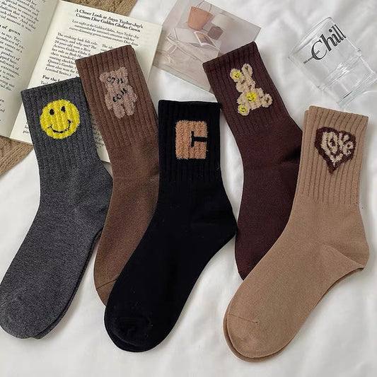 Super hot net red flocking socks women's middle tube socks ins tide cute cartoon bear feather yarn letter C solid color stockings