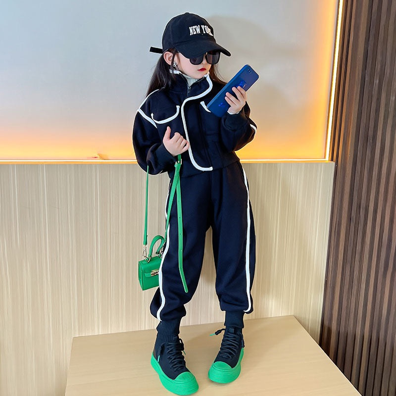 Girls' small fragrance suit stand collar 2022 girls autumn and winter new style foreign style fashionable casual plus velvet two-piece suit to keep warm