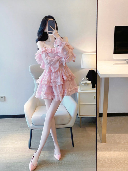 Pink cake skirt 2023 spring and autumn new style sweet one-word collar off-shoulder fluffy princess dress suspender dress female