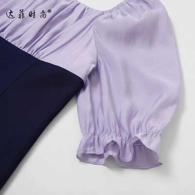 Summer women's clothing 2022 new temperament contrast color square collar lantern sleeves slim waist slim dress long skirt skirt