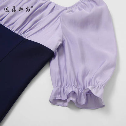 Summer women's clothing 2022 new temperament contrast color square collar lantern sleeves slim waist slim dress long skirt skirt