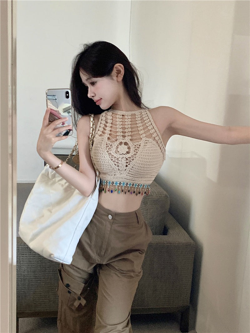 Sweet Spice Girl Hollow Camisole Female Summer Open Back Tassel Lace Inner Short Sexy Chic Unique Top