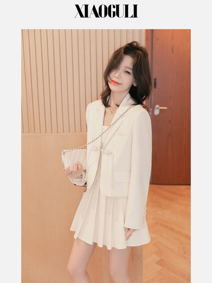 Small grain casual suit jacket women's skirt 2023 spring new pleated a-line skirt small suit