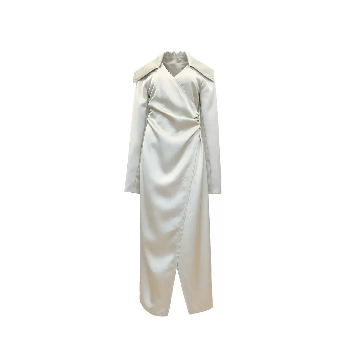 Middletone | High Art Sense French Large Lapel Acetate Satin Waist Dress Women's Long Sleeve Autumn