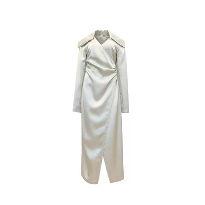 Middletone | High Art Sense French Large Lapel Acetate Satin Waist Dress Women's Long Sleeve Autumn