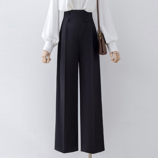 Black wide-leg trousers women's spring and autumn small stature 2023 new high waist drape mopping trousers slim casual suit trousers