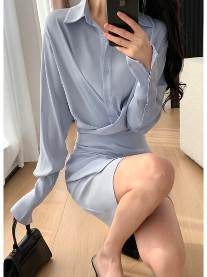 FT GUOGE Shirt Dress Women's 2023 Spring New Waist Slimming Aura Strong Commuting Satin Skirt