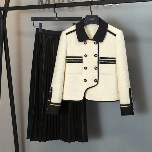 Miss DG small fragrance suit women's winter new temperament ladies short coat pleated skirt little black skirt two-piece set