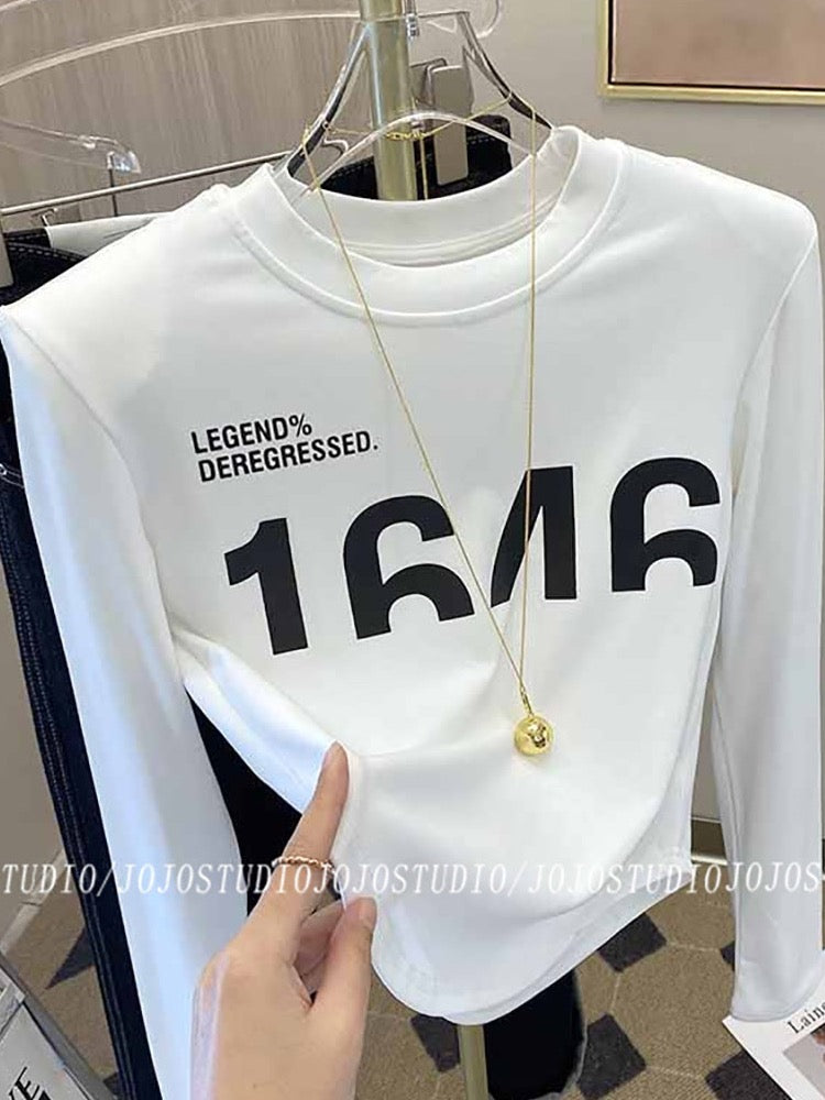 Western style all-match shoulder pads long-sleeved bottoming shirt women 2023 spring and autumn new design sense print plus thin velvet T-shirt top