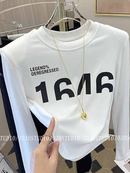 Western style all-match shoulder pads long-sleeved bottoming shirt women 2023 spring and autumn new design sense print plus thin velvet T-shirt top