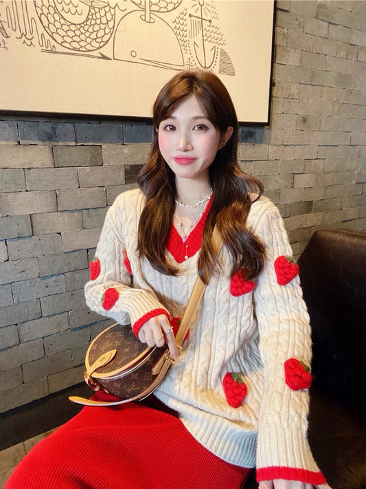JENNIFER JXLIU Korean autumn and winter V-neck red strawberry is thin and loose long-sleeved sweater mid-length women