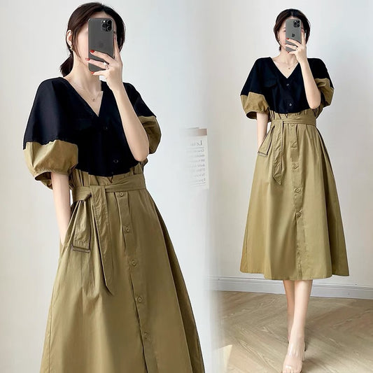 2022 new women's summer temperament high waist mid-length dress women's lantern sleeves contrast color stitching lace-up skirt