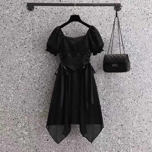 2022 large size women's new fat MM waist and thin design French niche irregular dress 8395