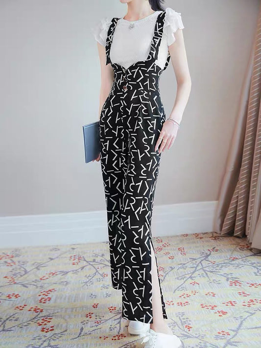 Net celebrity celebrity 2022 new casual fashion suit female summer dress ruffled short-sleeved split bib two-piece suit