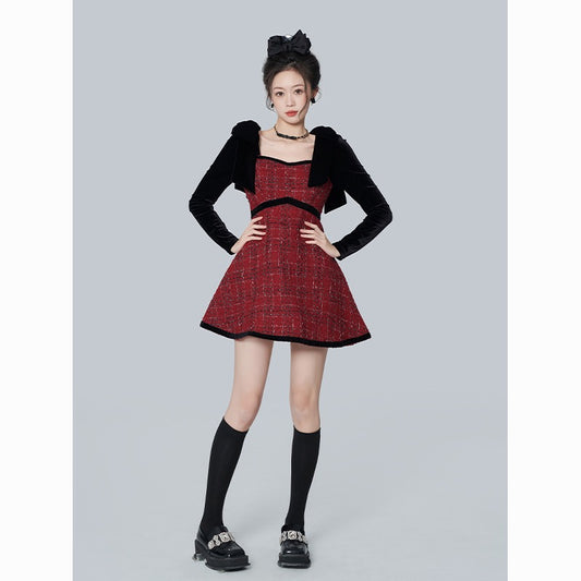 Peach heart square collar plaid dress autumn and winter women's small bowknot velvet small fragrance skirt temperament sweet skirt