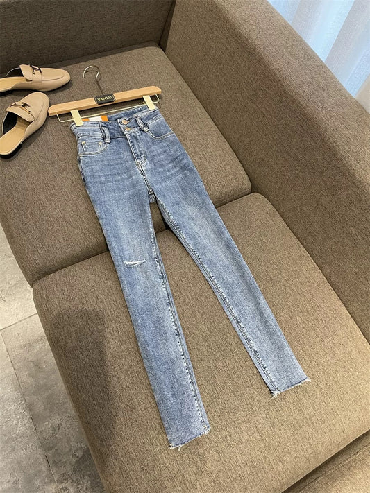 VANLU / push!  High JI sense tone ~ all-match high waist ripped hole grinding white fur edge slim pencil jeans women
