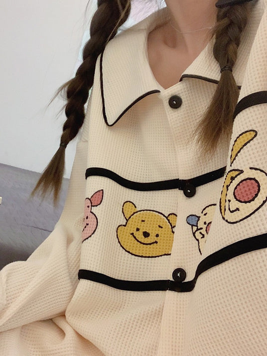 Women's Pajamas Spring Autumn Winter Cotton Waffle Long Sleeves Cute Cartoon Net Red Style Can Be Worn Out Home Clothes Set