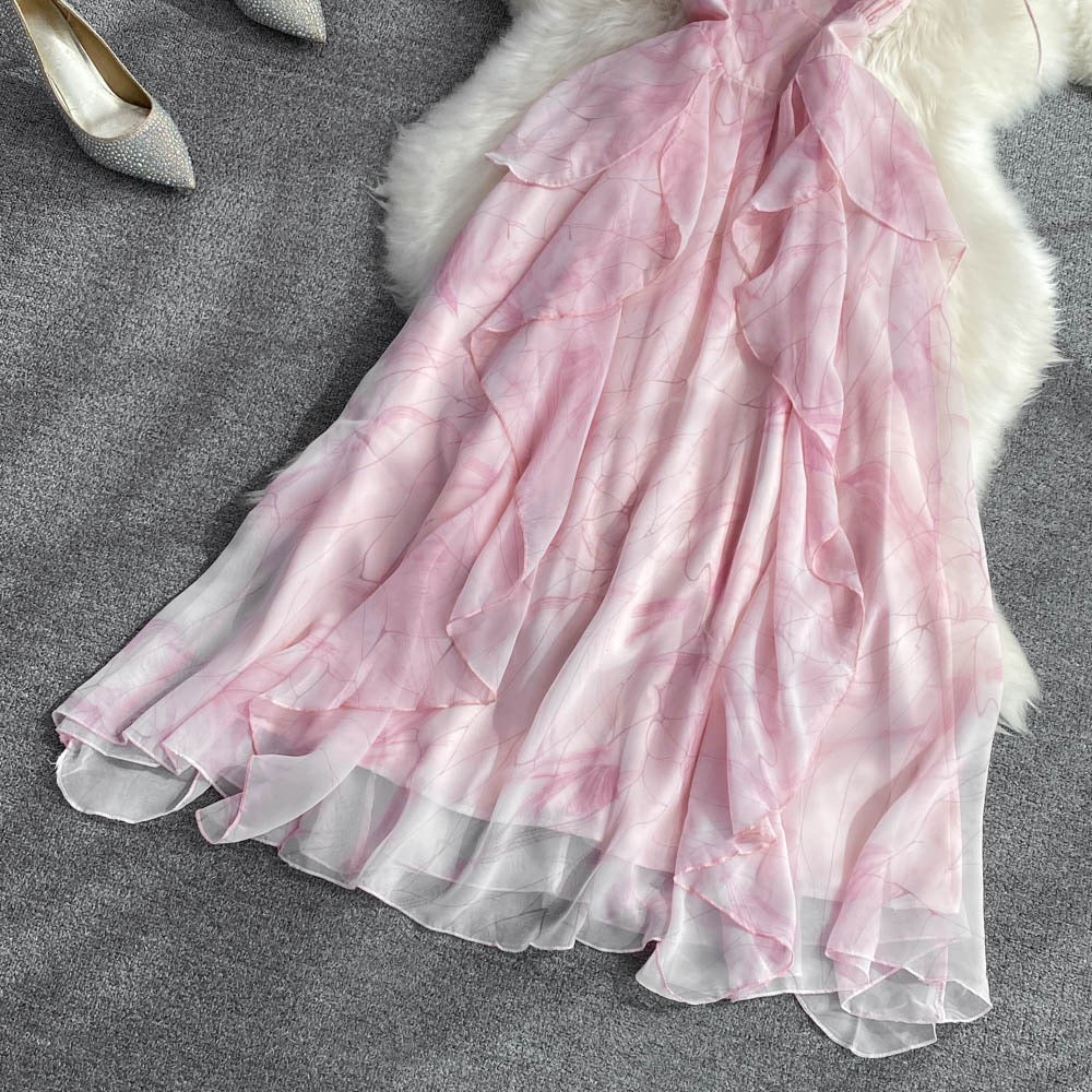First love floral sling dress women's summer high-quality French high waist slimming a-line ruffles long skirt