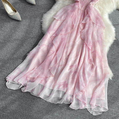 First love floral sling dress women's summer high-quality French high waist slimming a-line ruffles long skirt