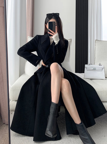 FT GUOGE black double-sided wool coat women's 2022 autumn and winter new high-end waist Hepburn style wool coat