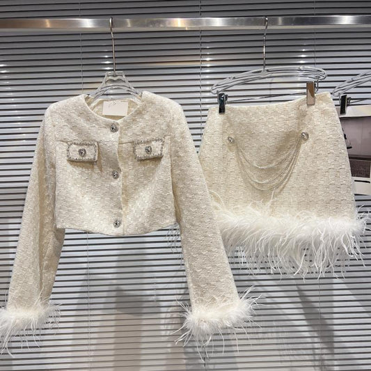 Internet celebrity same style 2022 autumn new style small fragrant wind ostrich fur love diamond suspenders + short coat + skirt three-piece set