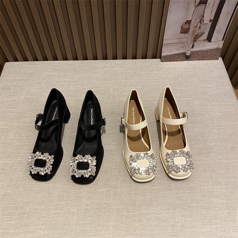 Rhinestone square toe single shoes women's autumn thick heel with evening style temperament French retro jk Mary Jane small leather shoes women