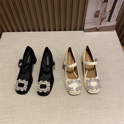 Rhinestone square toe single shoes women's autumn thick heel with evening style temperament French retro jk Mary Jane small leather shoes women