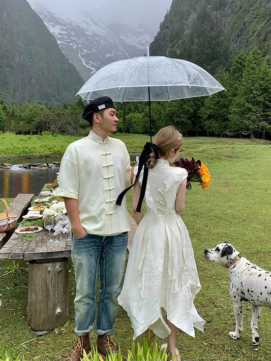 DoggyQin 22 Years Birthday Dress / New Chinese Style Buckle Solid Color Design Slit Dress Couple Suit