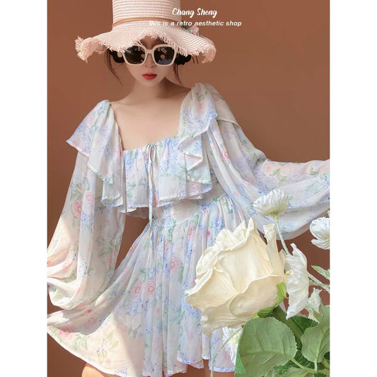 CHANGSHENG meets Paris Oil painting elegant floral lantern sleeves generous collar ruffle dress 1429