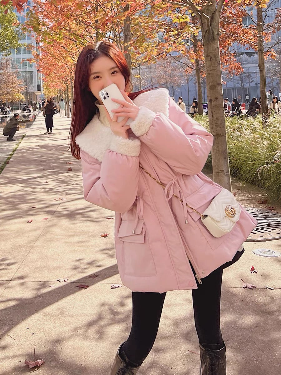 Pink Korean sweet cotton clothing women's winter short section small 2022 new college style milk fufu thickened cotton jacket