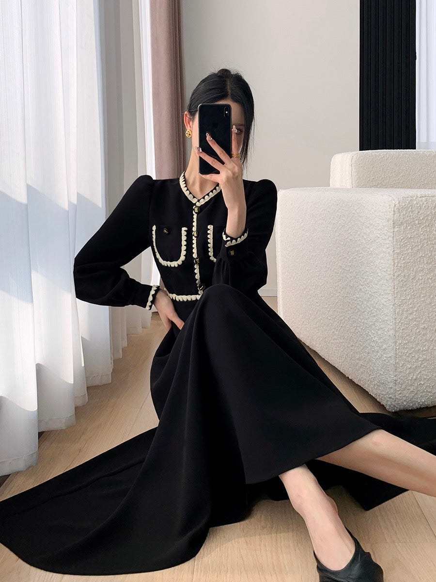FT GUOGE black dress women's 2023 spring new high-end sense waist slimming Hepburn style long skirt