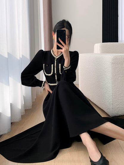 FT GUOGE black dress women's 2023 spring new high-end sense waist slimming Hepburn style long skirt