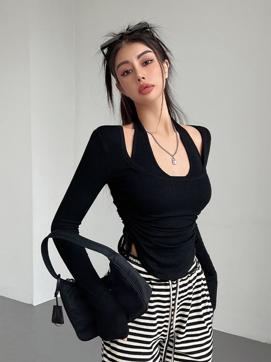 liviahome careful machine pure desire hot girl hanging neck long-sleeved T-shirt female tight-fitting short bottoming shirt two-piece top