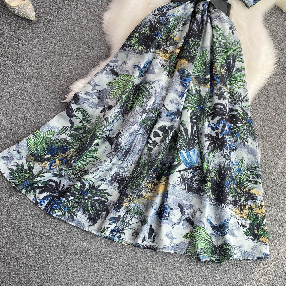 Summer light and familiar style lapel waist slimming single-breasted ink painting printed a-line dress elegant big swing long skirt
