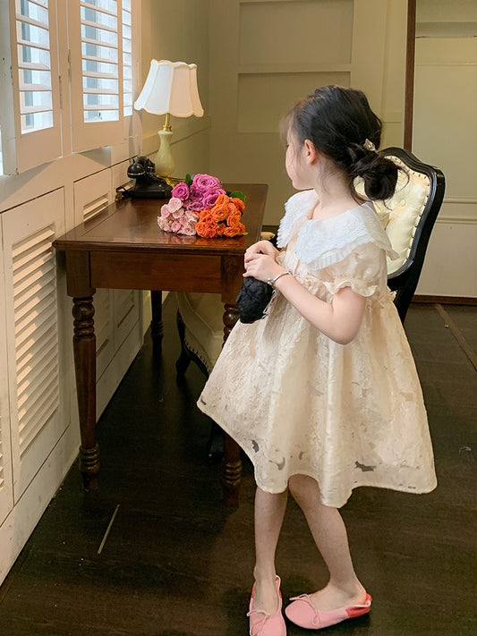 Original children's clothing girls jacquard dress 2023 summer new children's lace baby doll collar princess skirt
