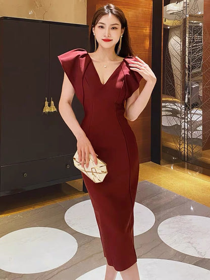 Light and mature temperament V-neck dress elegant goddess Fan niche design high-end slim annual meeting evening dress short skirt