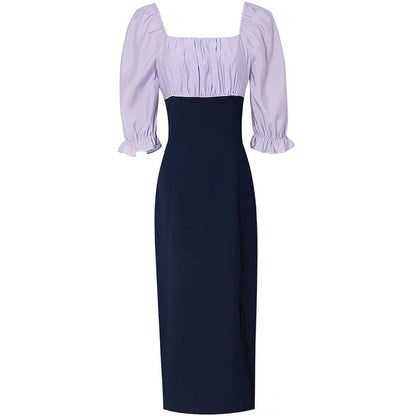 Summer women's clothing 2022 new temperament contrast color square collar lantern sleeves slim waist slim dress long skirt skirt