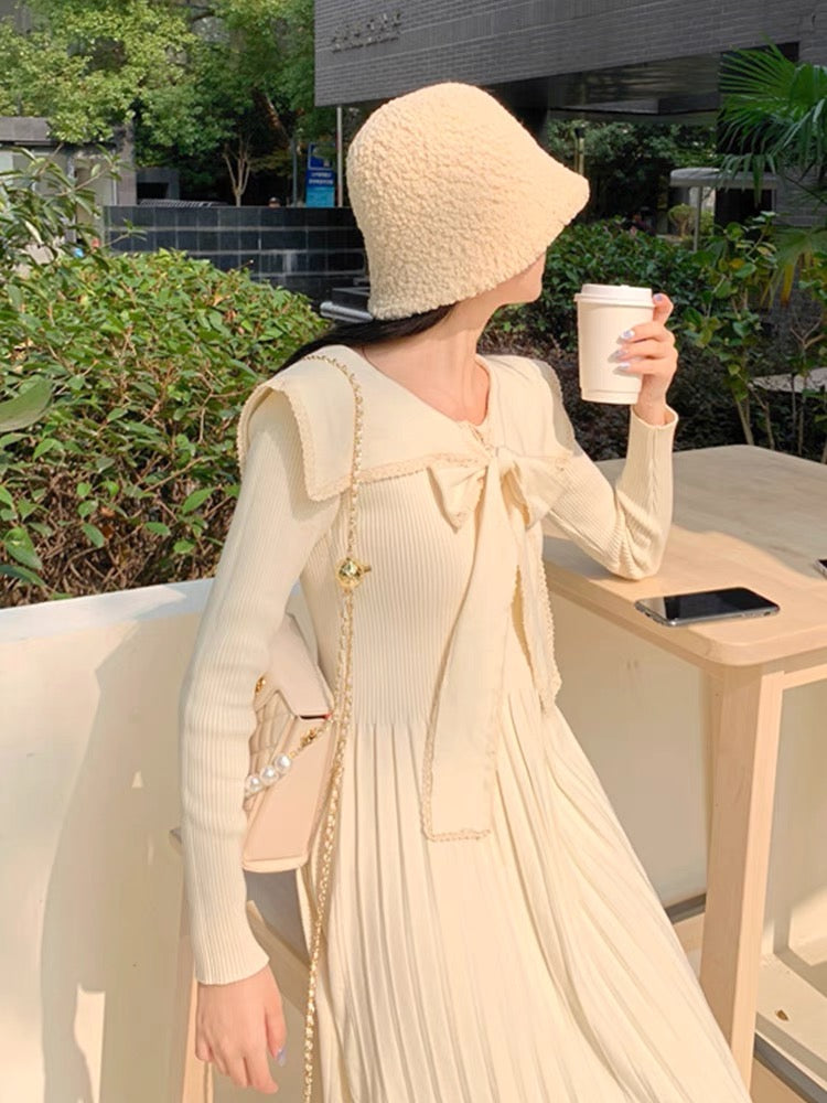 Korean chic autumn French lace lace bow bow stitching waist thin knitted pleated dress