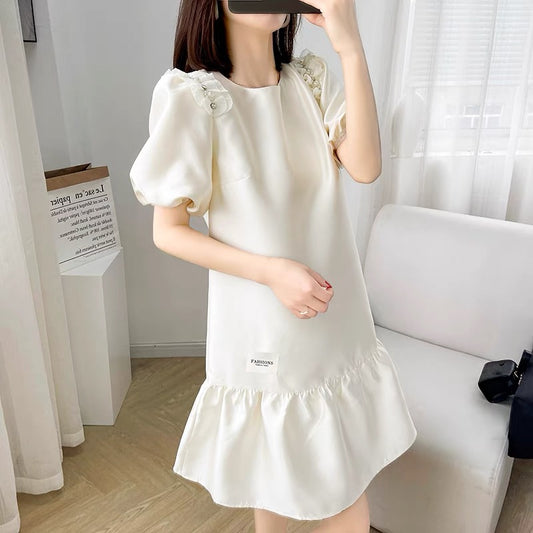 2022 new women's summer loose mid-length ruffled short-sleeved dress women's white puff sleeve doll skirt