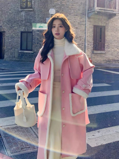 Pink lamb wool woolen coat women's winter thickened stand collar 2022 new Korean style gentle advanced woolen coat