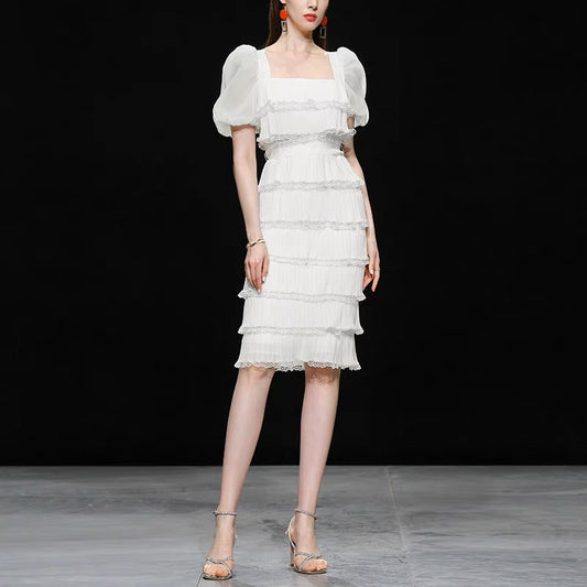 2022 new summer dress women's temperament French bellflower skirt white puff sleeves slim cake skirt dress