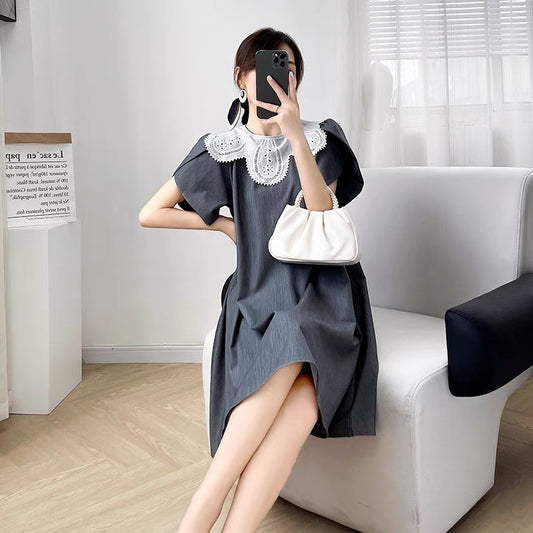 2022 new women's summer solid color lace doll collar stitching mid-length dress women's elegant temperament A-line skirt