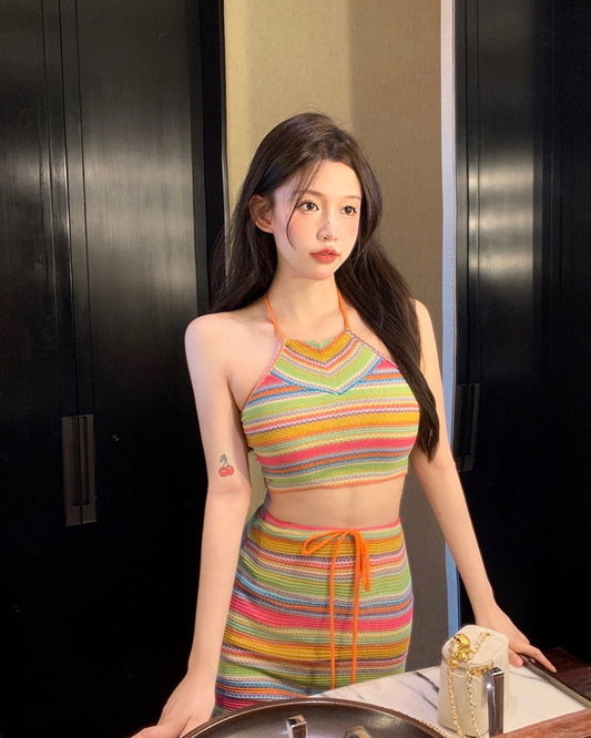 Contrasting color striped fashion knitted two-piece suit female summer pure desire sexy halter neck camisole bag hip skirt