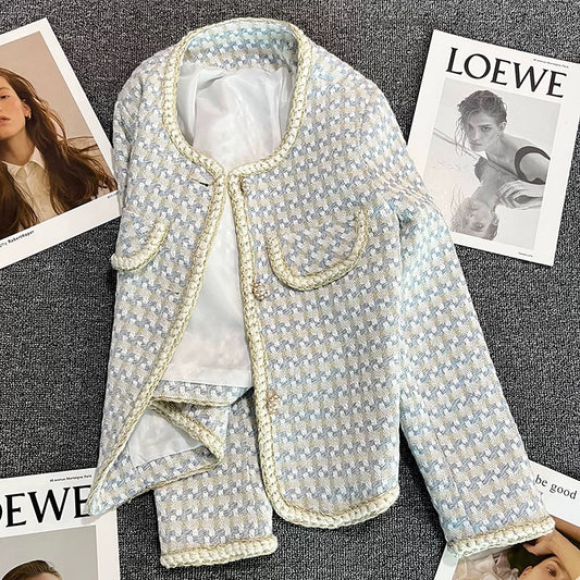 Blue small fragrance suit jacket women's 2022 autumn and winter new plaid design sense casual small suit trend 1761