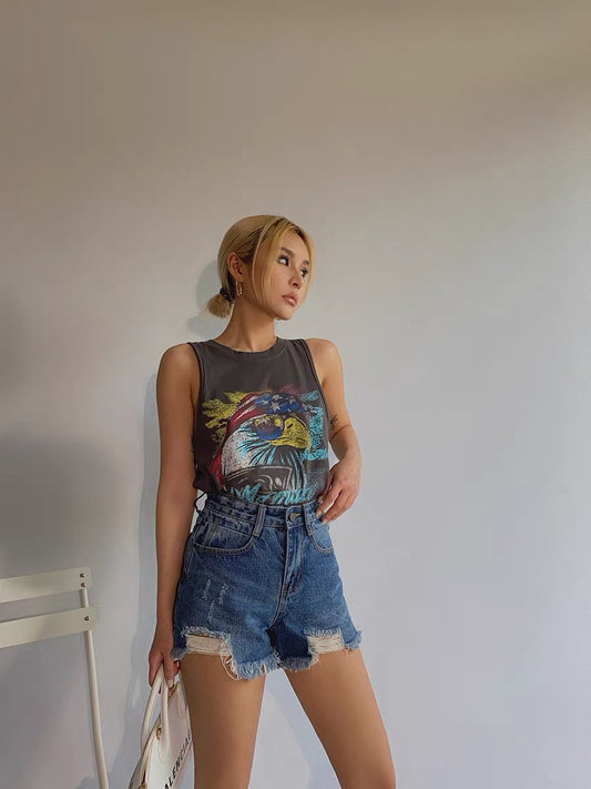 Retro street shooting old and old printed sleeveless vest sexy beach mermaid super cool eagle top T-shirt female